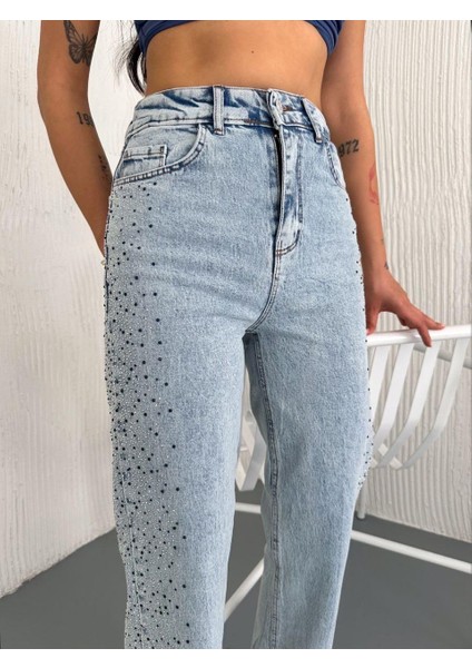 Kadın Yanları Taşlı Palazzo Kot Pantolon Buz Mavi modelleri