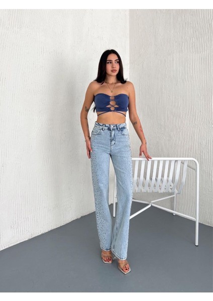 Kadın Yanları Taşlı Palazzo Kot Pantolon Buz Mavi fırsatları