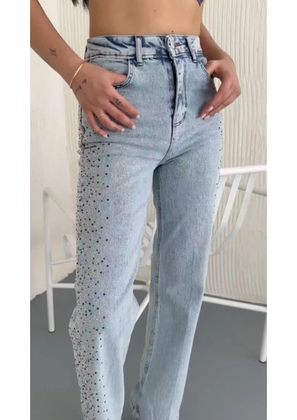 Kadın Yanları Taşlı Palazzo Kot Pantolon Buz Mavi indirimleri