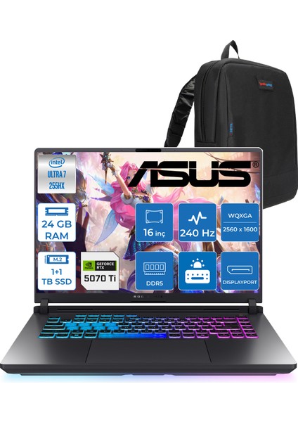 Rog Strix G16 G615LR-S5214 Ultra 7 255HX Aı 24GB GB 1tb SSD +1tb SSD 12GB/RTX5070Tİ Gddr7 140W 16" 2.5k 2560 x 1600 Wqxga 240Hz 3ms 500NITS Freedos Gaming Laptop WLRS5214F04+ZETTAÇANTA
