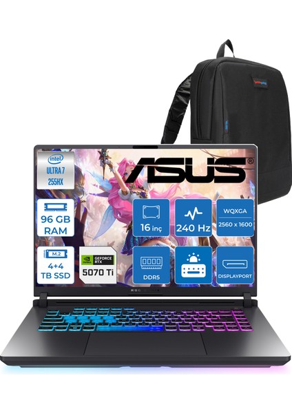 Rog Strix G16 G615LR-S5214 Ultra 7 255HX Aı 96GB GB 4tb SSD +4tb SSD 12GB/RTX5070Tİ Gddr7 140W 16" 2.5k 2560 x 1600 Wqxga 240Hz 3ms 500NITS Freedos Gaming Laptop WLRS5214F40+ZETTAÇANTA