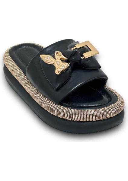 Siyah Gold Taş Detaylı Tavşan Tokalı Kadın Günlük Yüksek Kalın Taban Topuklu Terlik