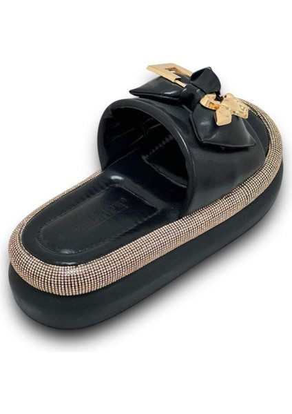 Siyah Gold Taş Detaylı Tavşan Tokalı Kadın Günlük Yüksek Kalın Taban Topuklu Terlik fırsatları