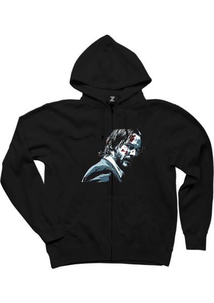 John Wick Face Siyah Fermuarlı Kapşonlu Sweatshirt