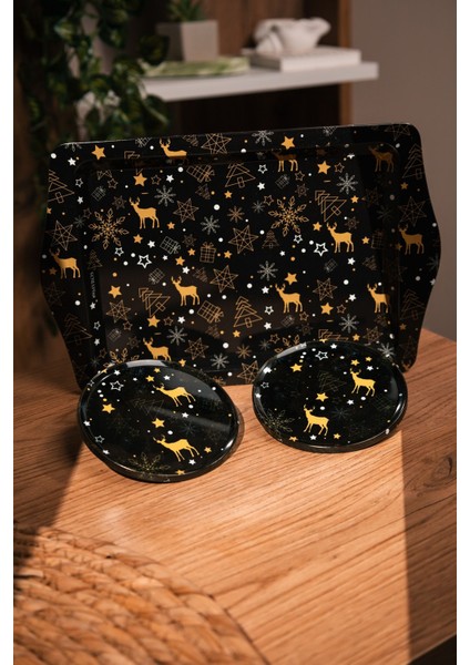 Yılbaşı Temalı Siyah Geyikli Tepsi ve 2 Adet Bardak Altlığı Seti | Hediye | Yılbaşı | Dekoratif