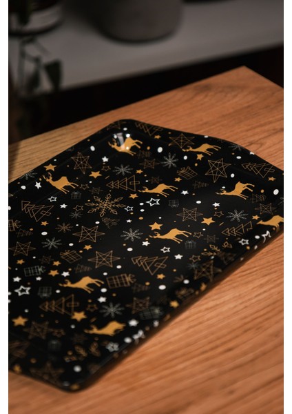 Yılbaşı Temalı Siyah Geyikli Tepsi ve 2 Adet Bardak Altlığı Seti | Hediye | Yılbaşı | Dekoratif modelleri