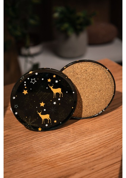 Yılbaşı Temalı Siyah Geyikli Tepsi ve 2 Adet Bardak Altlığı Seti | Hediye | Yılbaşı | Dekoratif indirimleri