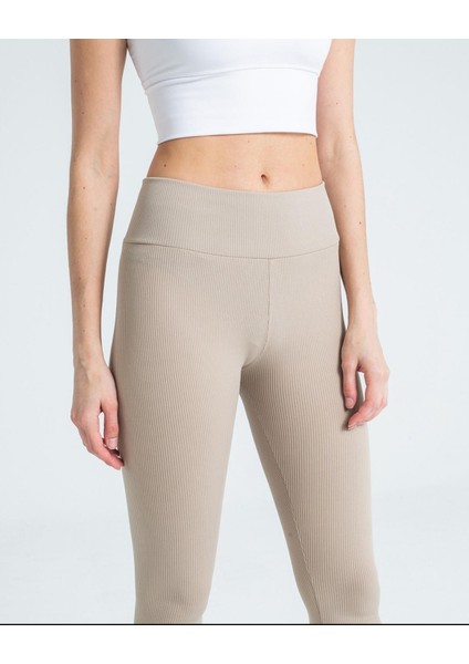 Kadın Yüksek Bel Içi Şardonlu Fitilli Tayt Bej