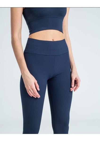 Kadın Yüksek Bel Içi Şardonlu Fitilli Tayt Lacivert