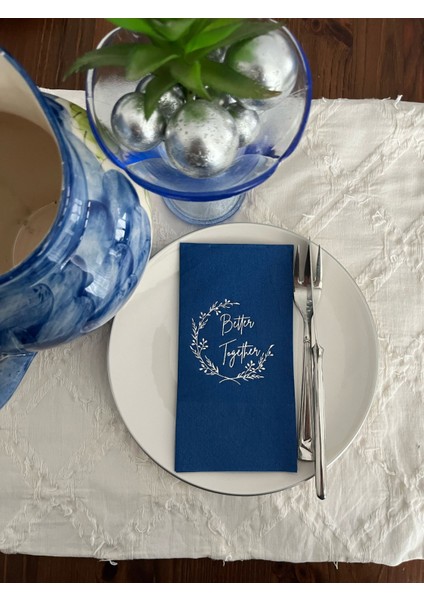 Gümüş Yaldızlı Bodrum Mavisi Better Together Peçete 16 Adet