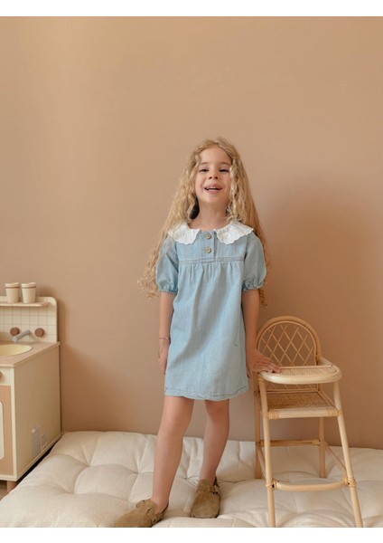 Yigit Butik Dantel Yaka Kısa Kollu Kız Çocuk Denim Elbise