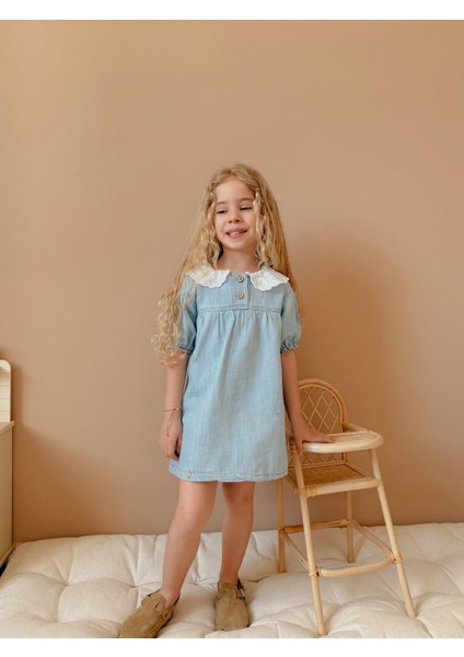 Yigit Butik Dantel Yaka Kısa Kollu Kız Çocuk Denim Elbise fiyatları