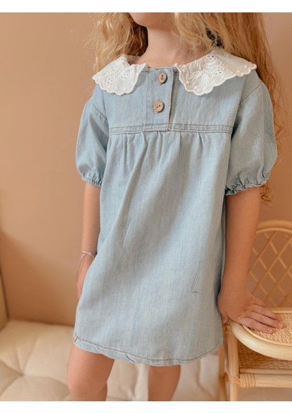 Yigit Butik Dantel Yaka Kısa Kollu Kız Çocuk Denim Elbise modelleri