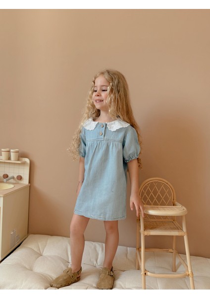 Yigit Butik Dantel Yaka Kısa Kollu Kız Çocuk Denim Elbise fırsatları