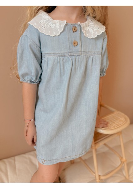 Yigit Butik Dantel Yaka Kısa Kollu Kız Çocuk Denim Elbise indirimleri