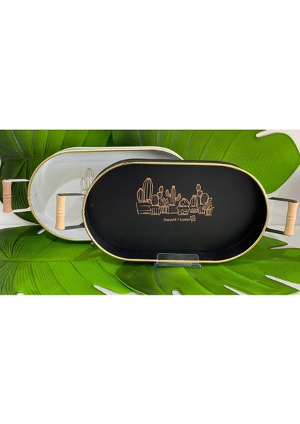 Metal Oval Kaktüs Mod Ahşap Saplı Altın Yaldızlı Tepsi 38.5X21.5X4,5CM Siyah