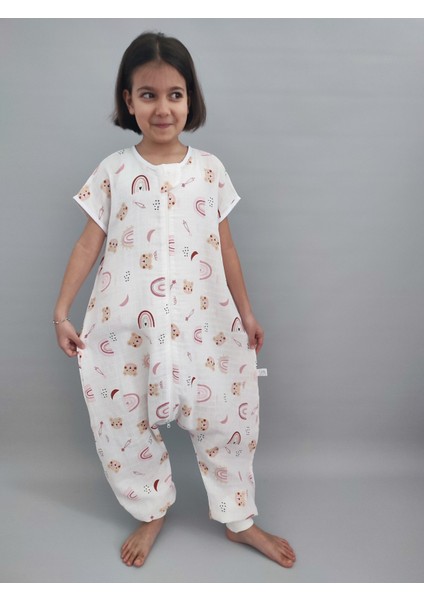 Pembe Ayıcık Desenli Yazlık Bebek Çocuk Uyku Tulumu %100 Pamuk Müslin Kumaş 0.5 Tog