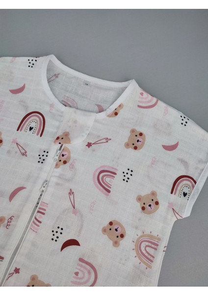 Pembe Ayıcık Desenli Yazlık Bebek Çocuk Uyku Tulumu %100 Pamuk Müslin Kumaş 0.5 Tog
