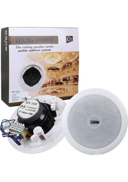 Magicvoice MV-160 16 cm 15W Tweeterli Beyaz Trafolu Alçıpan Tavan Hoparlör Mağaza Okul Konferans Salonu Hoparlörü