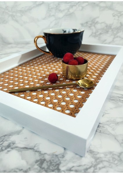 Koyu Hazeran Rattan Dikdörtgen Beyaz Tepsi - Limited Edition