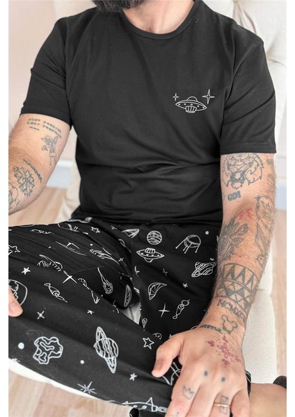 Siyah Space Baskılı Kısa Kol Erkek Pijama Takımı