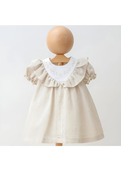 Kız Nakışlı Yaka Detaylı Lastikli Karpuz Kol Astarlı Keten Elbise