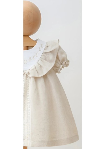 Kız Nakışlı Yaka Detaylı Lastikli Karpuz Kol Astarlı Keten Elbise fiyatları