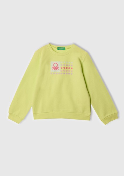 Kız Çocuk Sarı Simli Benetton Logo Baskılı Bisiklet Yaka Sweatshirt