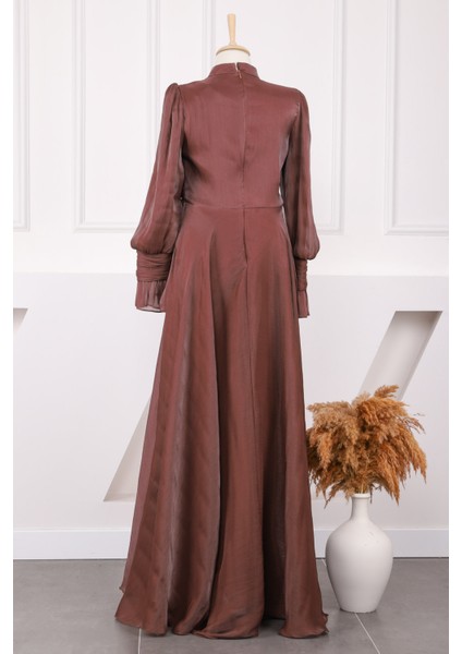 Kahverengi Yan Bağlamalı Kol Detaylı Abiye fiyatları