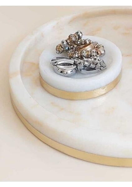 Golden - Doğal Beyaz Mermer Sunum Tepsisi | Takı Tabağı | Gold | 28CM | fiyatları