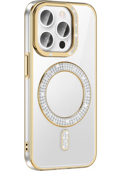 iPhone 14 Pro Max Kılıf Pırlanta Taş Tasarımlı M-Safe Şarj Özellikli Karetta Silikon Kılıf