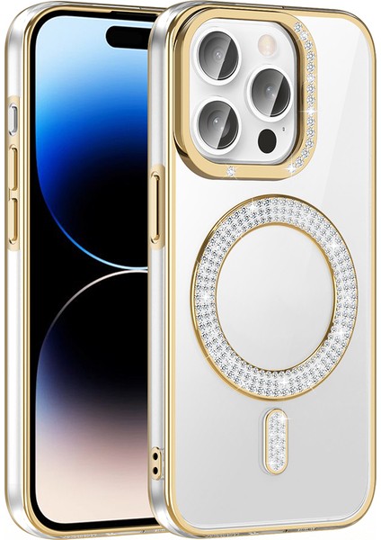 iPhone 14 Pro Max Kılıf Pırlanta Taş Tasarımlı M-Safe Şarj Özellikli Karetta Silikon Kılıf