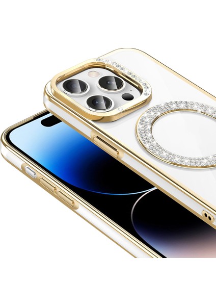 iPhone 14 Pro Max Kılıf Pırlanta Taş Tasarımlı M-Safe Şarj Özellikli Karetta Silikon Kılıf