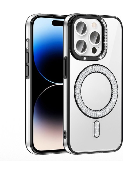 iPhone 14 Pro Max Kılıf Pırlanta Taş Tasarımlı M-Safe Şarj Özellikli Karetta Silikon Kılıf