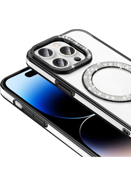 iPhone 14 Pro Max Kılıf Pırlanta Taş Tasarımlı M-Safe Şarj Özellikli Karetta Silikon Kılıf