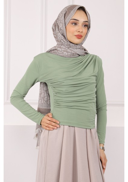 Açık Haki Balıkçı Yaka Drapeli Sandy Bluz modelleri