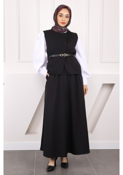 Siyah Kemerli Krep Yelek Etekli Takım