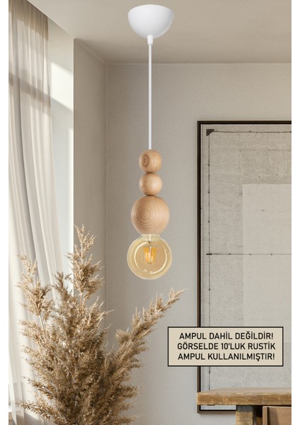 Ahşap Detaylı Modern Bohem Rustik Sarkıt Avize Beyaz Şık ve Doğal Tasarım Salon Oturma Odası