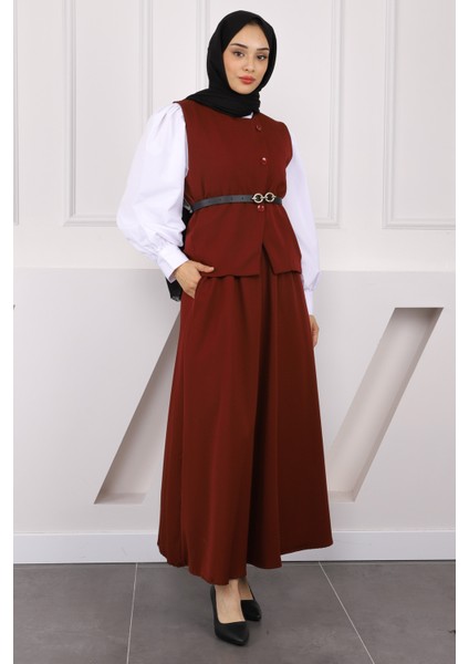 Bordo Kemerli Krep Yelek Etekli Takım