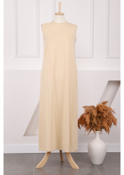 Kahverengi Bisiklet Yaka Sıfır Kol Içlik Elbise