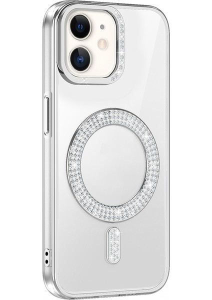 iPhone 11 Kılıf Pırlanta Taş Tasarımlı M-Safe Şarj Özellikli Karetta Silikon Kılıf