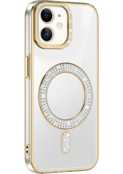 iPhone 11 Kılıf Pırlanta Taş Tasarımlı M-Safe Şarj Özellikli Karetta Silikon Kılıf