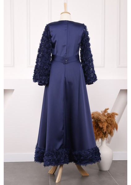 Siyah Gül Detaylı Kuşaklı Saten Abiye modelleri