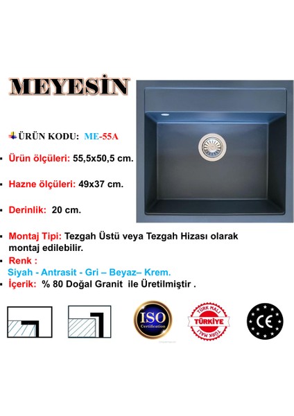 Granit Evye Antrasit Tek Gözlü Mutfak Evyesi 50 x 55 Cm.