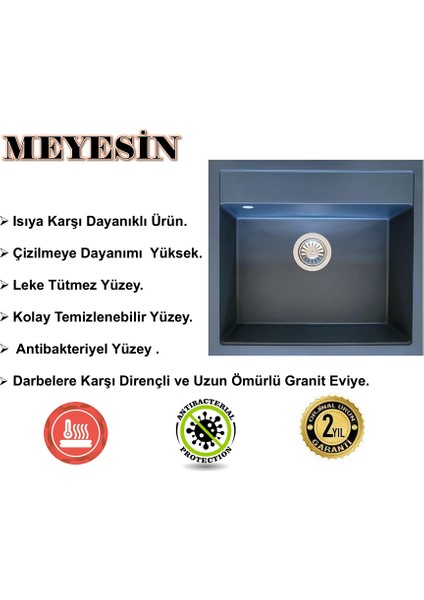 Granit Evye Antrasit Tek Gözlü Mutfak Evyesi 50 x 55 Cm.