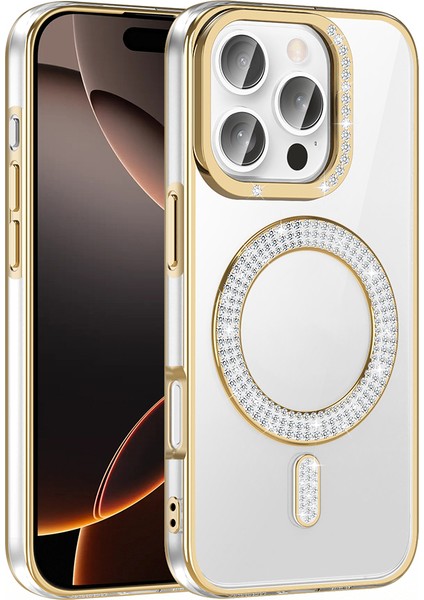 iPhone 16 Pro Kılıf Pırlanta Taş Tasarımlı M-Safe Şarj Özellikli Karetta Silikon Kapak