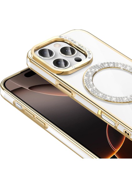 iPhone 16 Pro Kılıf Pırlanta Taş Tasarımlı M-Safe Şarj Özellikli Karetta Silikon Kapak