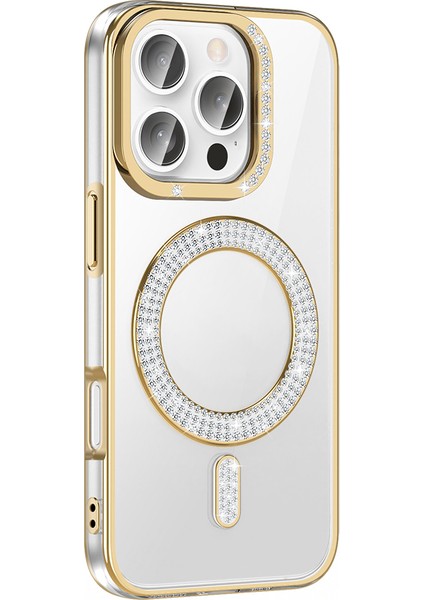 iPhone 16 Pro Kılıf Pırlanta Taş Tasarımlı M-Safe Şarj Özellikli Karetta Silikon Kapak