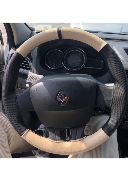 Dikişli Direksiyon Kılıfı Bej Deri Noktalı Deri Siyah Yüzük Siyah Dikişli Renault Fluence Için