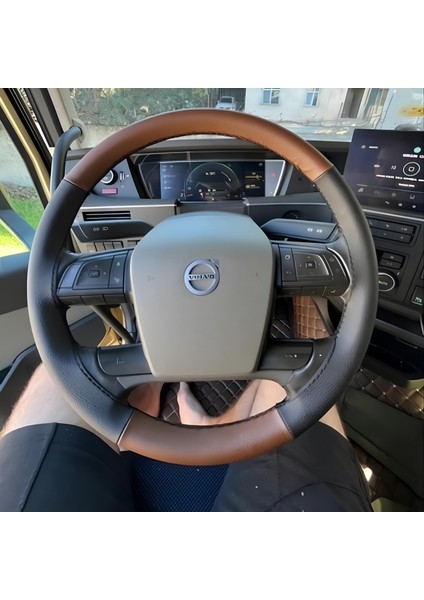 Dikişli Direksiyon Kılıfı Kahve Deri Siyah Deri Siyah Dikişli Volvo Tır Kamyon Için